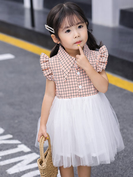 童装品牌2019春夏飞袖格子蕾丝公主连衣裙
