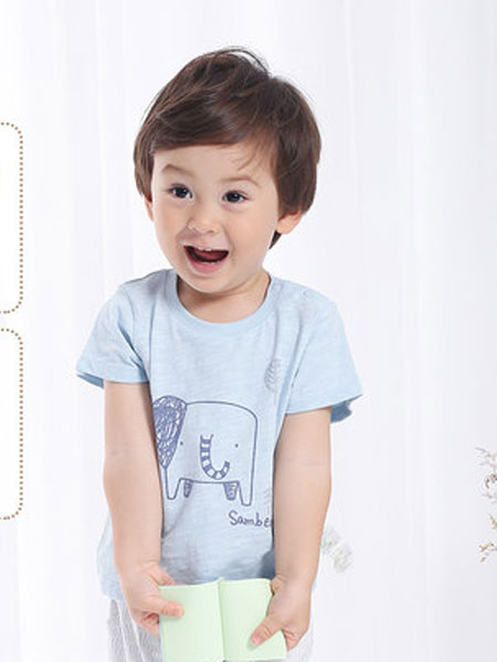 三木比迪童装品牌2019春夏婴童可爱动物印花开肩T恤