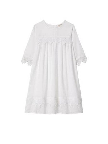 FAUNE童装品牌2019春夏白色亚麻贴布刺绣连衣裙中袖高腰宽松直筒花边裙