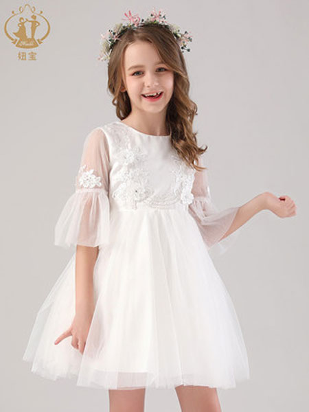 妞宝童装品牌2019春夏洋气白色儿童公主礼服女孩蓬蓬纱裙