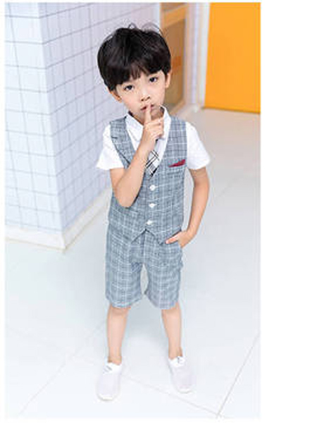 童装品牌2019春夏新款韩版格子马甲套装西式礼服马甲两件套