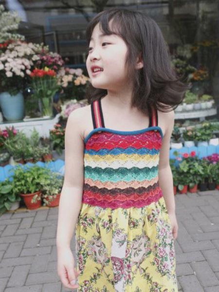 米优国际童装品牌2019春夏新款时尚针织拼接名族风吊带连衣裙