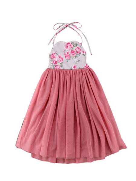 童装品牌2019春夏新款粉色蕾丝网纱长裙花朵印花吊带公主裙
