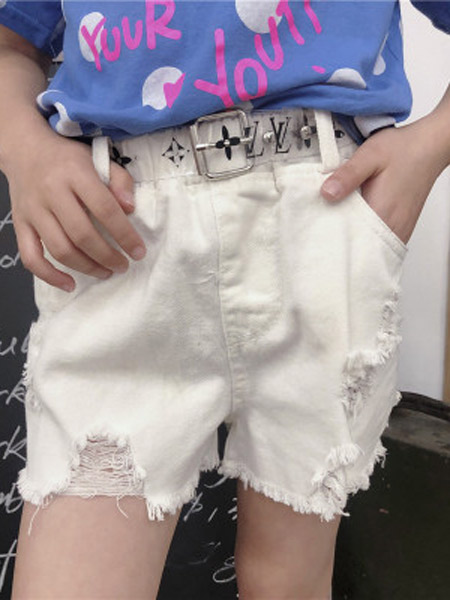 木口羊童装品牌2019春夏新款韩版儿童割破毛边白短裤