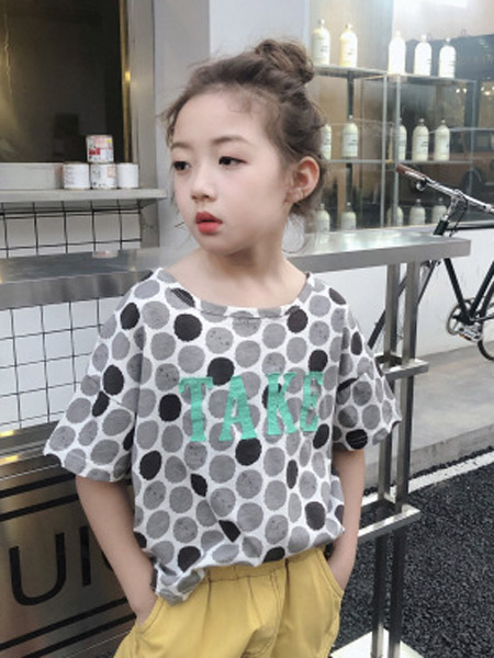 木口羊童装品牌2019春夏新款韩版提花圆点印花洋气T恤