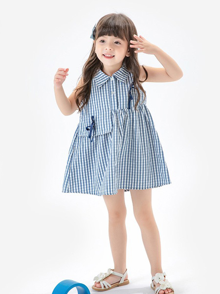 MACMIOCO童装品牌2019春夏春夏季蓝色格子连衣裙