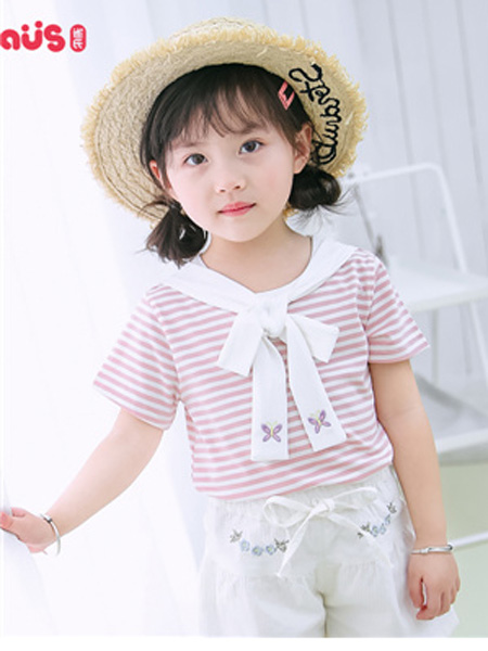 雀氏童装品牌2019春夏粉色条纹短袖T恤