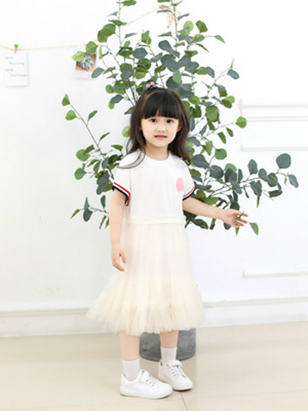 童装品牌2019春夏新款韩版时尚潮米白色网纱仙女公主连衣裙