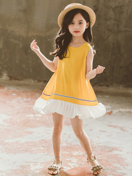 童装品牌2019春夏新款韩版时尚潮流舒适透气黄色雪纺连衣裙