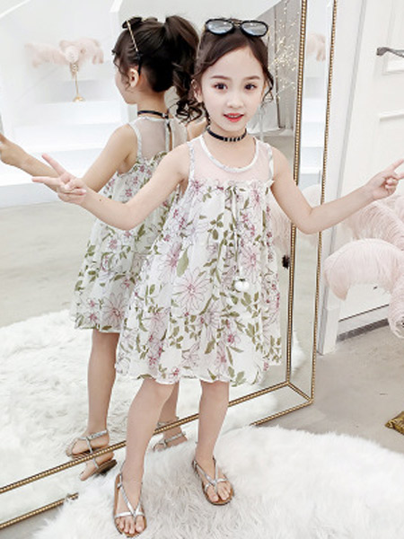 童装品牌2019春夏新款休闲舒适图案印花中长款连衣裙