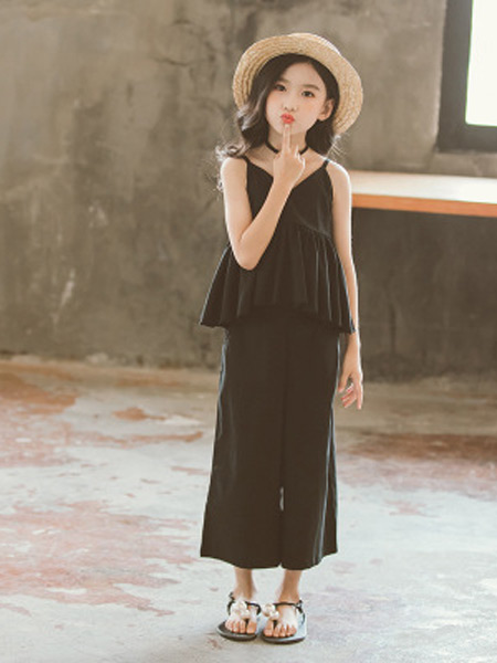 童装品牌2019春夏新款韩版吊带阔腿裤两件套套装