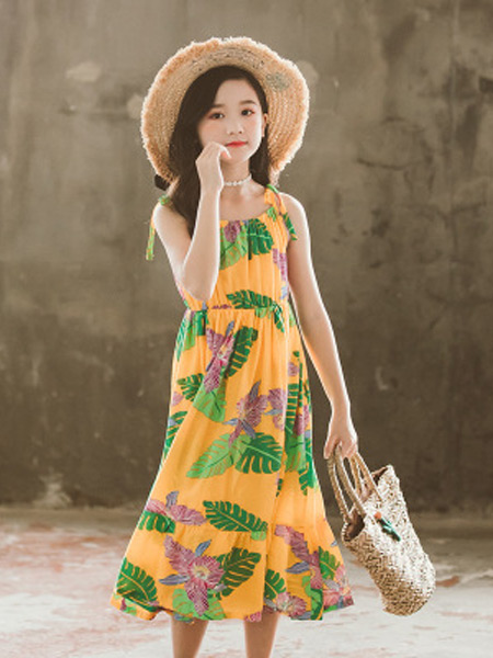 童装品牌2019春夏新款韩版吊带沙滩裙印花荷叶边连衣裙