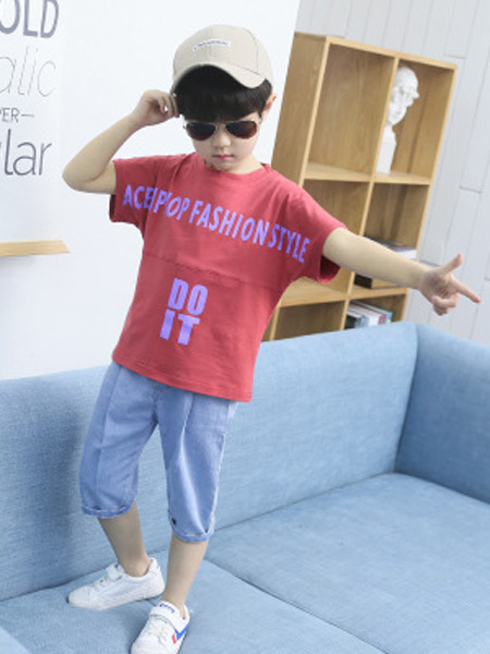 童装品牌2019春夏新款潮范两件套韩版连袖字母短袖套装