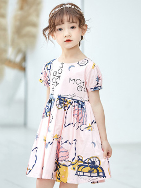 童装品牌2019春夏新款时尚纯棉印花短袖连衣裙