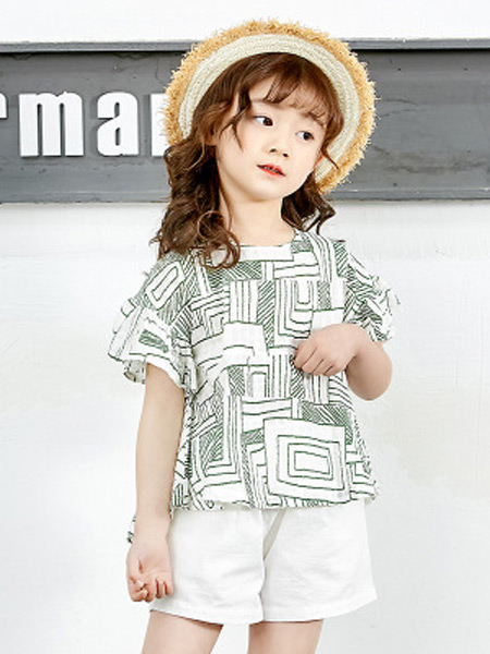 童装品牌2019春夏新款韩版潮流全棉几何花边袖时尚短袖T恤衫