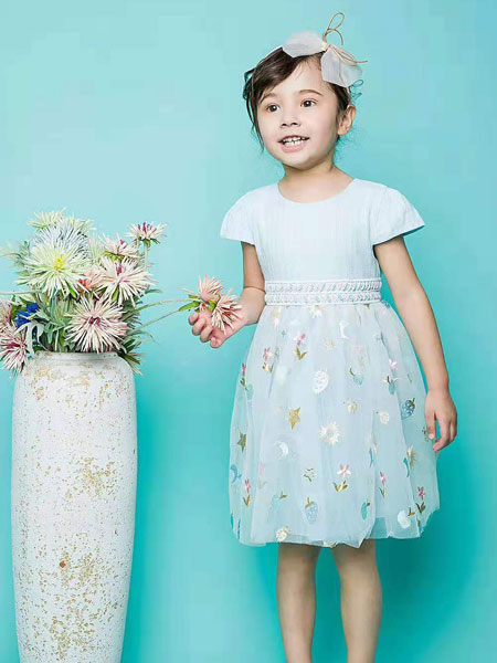 BELLGO KIDS贝力高童装品牌2019春夏气质修身绣花蕾丝雪纺中长连衣裙
