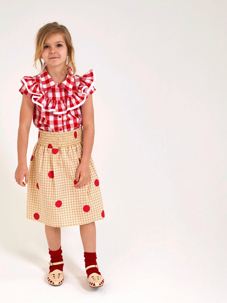 Milk & Biscuits童装品牌2019春夏新款气质花边袖格子短袖衬衫