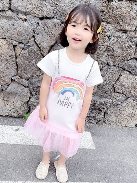 童装品牌2019春夏新款彩虹T恤吊带网纱连衣裙套装