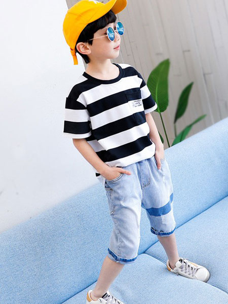 左西童装品牌2019春夏童装男童条纹短袖T恤韩版