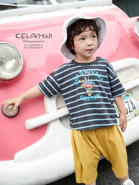 Kelai MiniI可莱童装品牌2019春夏黑白条纹卡通图案短袖休闲短裤两件套