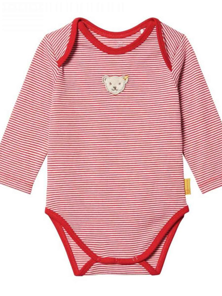 Steiff童装品牌2019春夏 暖宝宝婴童红色条纹长袖三角哈连体爬爬衣