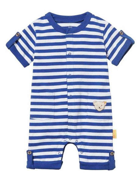 Steiff童装品牌2019春夏暖宝宝婴童蓝色条纹短袖三角哈连体爬爬衣