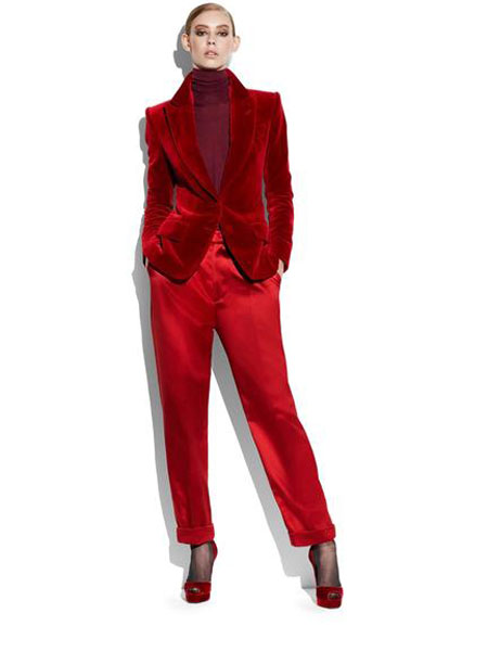 Tom Ford童装品牌2019秋冬同款红色金丝绒西装套装时尚欧美西服两件套女装