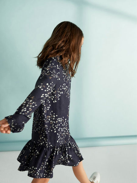 Massimo Dutti童装品牌2019秋冬V领荷叶边不规则宽松显瘦雪纺连衣裙 两件套