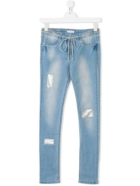 Elsy童装品牌2019秋季蓝色 棉质混纺 镶嵌缝饰紧身牛仔裤。 系腰带袢腰边, 五口袋设计, 系腰带, 仿旧效果。