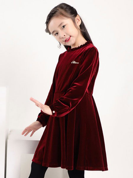童装品牌2019秋冬时尚酒红连衣裙