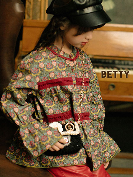 贝蒂小羊童装品牌2019秋冬碎花圆领系带宽松长袖T恤花边裙