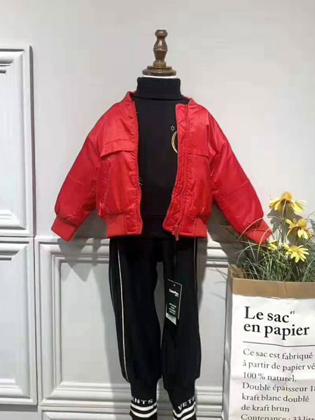 童装品牌2019秋冬针织黑色毛衣红色外套