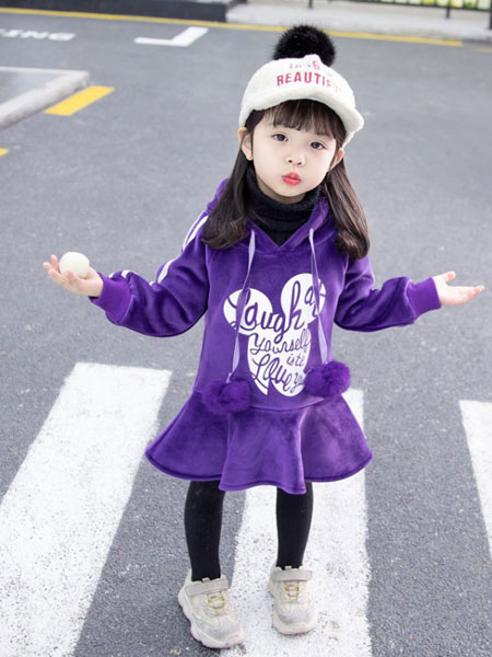 童装品牌2019秋冬紫色印花裙子