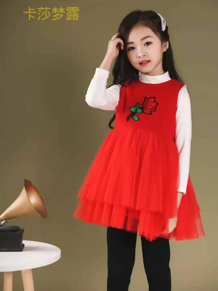 卡莎梦露童装品牌2019秋冬红色印花裙子
