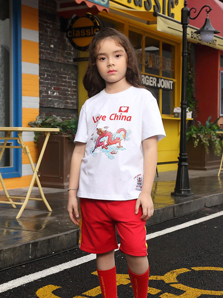 童装品牌2019春夏花中式男女童短袖圆领红白T恤