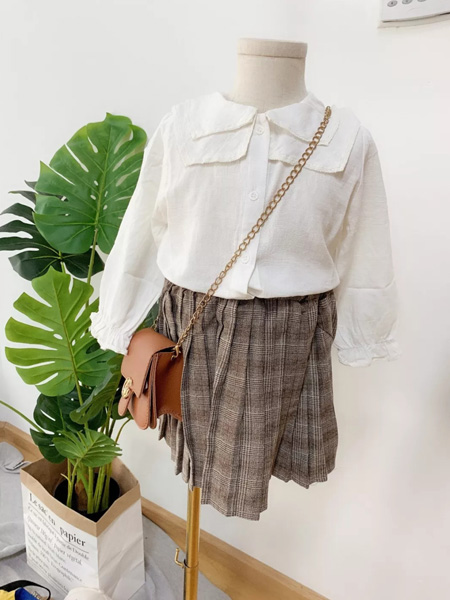 童装品牌2019秋季衬衣+高腰格子半身群两件套女