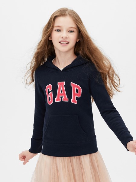 GAP童装品牌2019秋冬女童黑色连帽卫衣