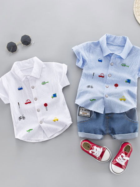 叶仔童装品牌2020春夏新款中小儿童短袖衬衫套装1--4岁男宝宝两件套童套装