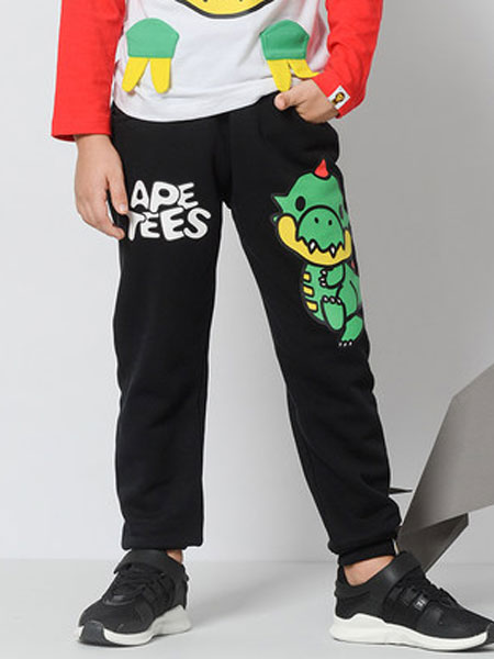 安逸猿童装品牌2020春夏新品可爱卡通恐龙印花个性束脚加绒童装运动裤