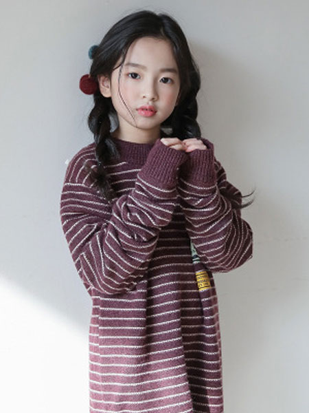 女童秋款毛衣韩版冬季长袖打底酒红条纹线衣