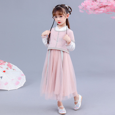 十月城堡童装品牌2020春夏中国风童装襦裙小女孩改良古装刺绣提花汉服连衣裙带