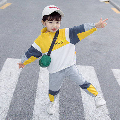 女童运动套装 2019秋季新款韩版童装中小男童字母拼色针织两件套