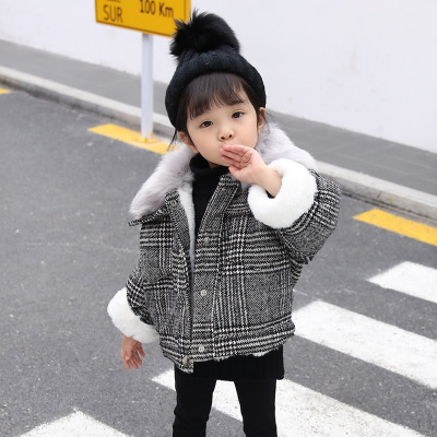 女童外套 2019儿童韩版千鸟格加绒加厚外套新款毛领夹棉保暖上衣