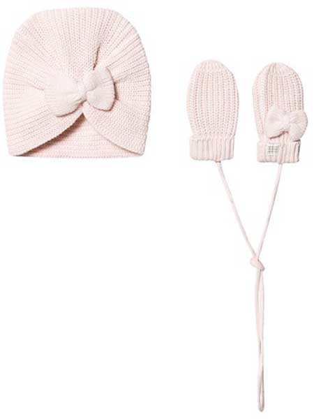 Carrement Beau童装品牌2020春夏连指手套粉色蝴蝶结针织帽