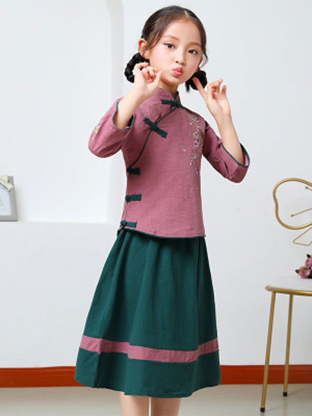 中国风绣花儿童旗袍两件套 夏季新款汉服女童旗袍两件套