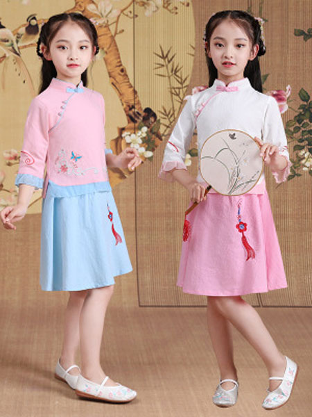 中国风绣花儿童旗袍两件套 夏季新款汉服女童旗袍两件套