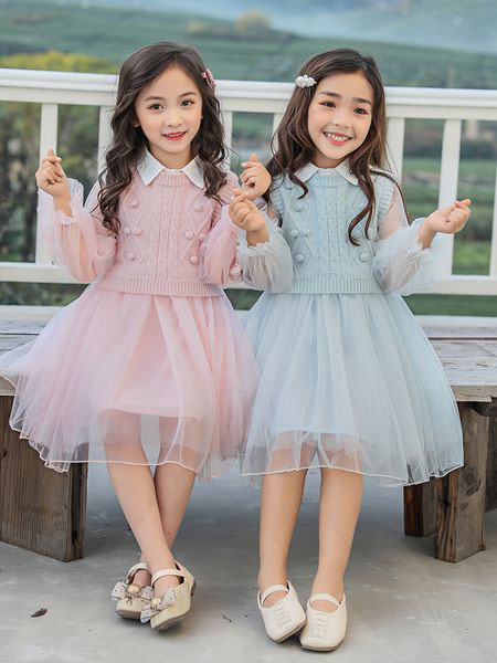 淘气猫童装童装品牌2020春夏新款纯色透纱气质连衣裙