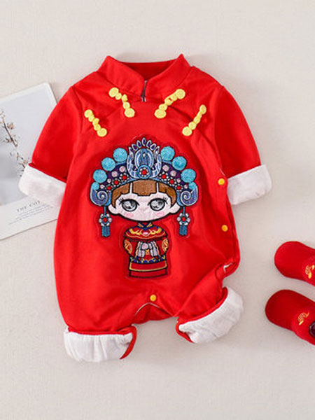 爱尼迪童装品牌2020春夏新款中国风大红服婴儿连体衣