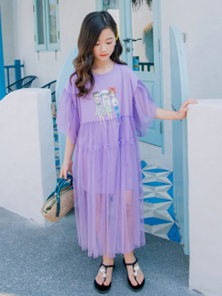 童装品牌2020春夏新款卡通印花紫色网纱休闲女童连衣裙韩版童装公主裙
