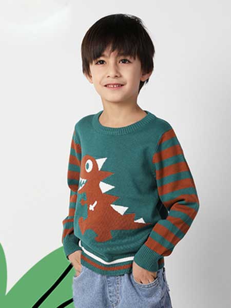 deermode童装品牌2020春夏新款儿童可爱恐龙造型针织毛衣蓝色简约套头打底衫